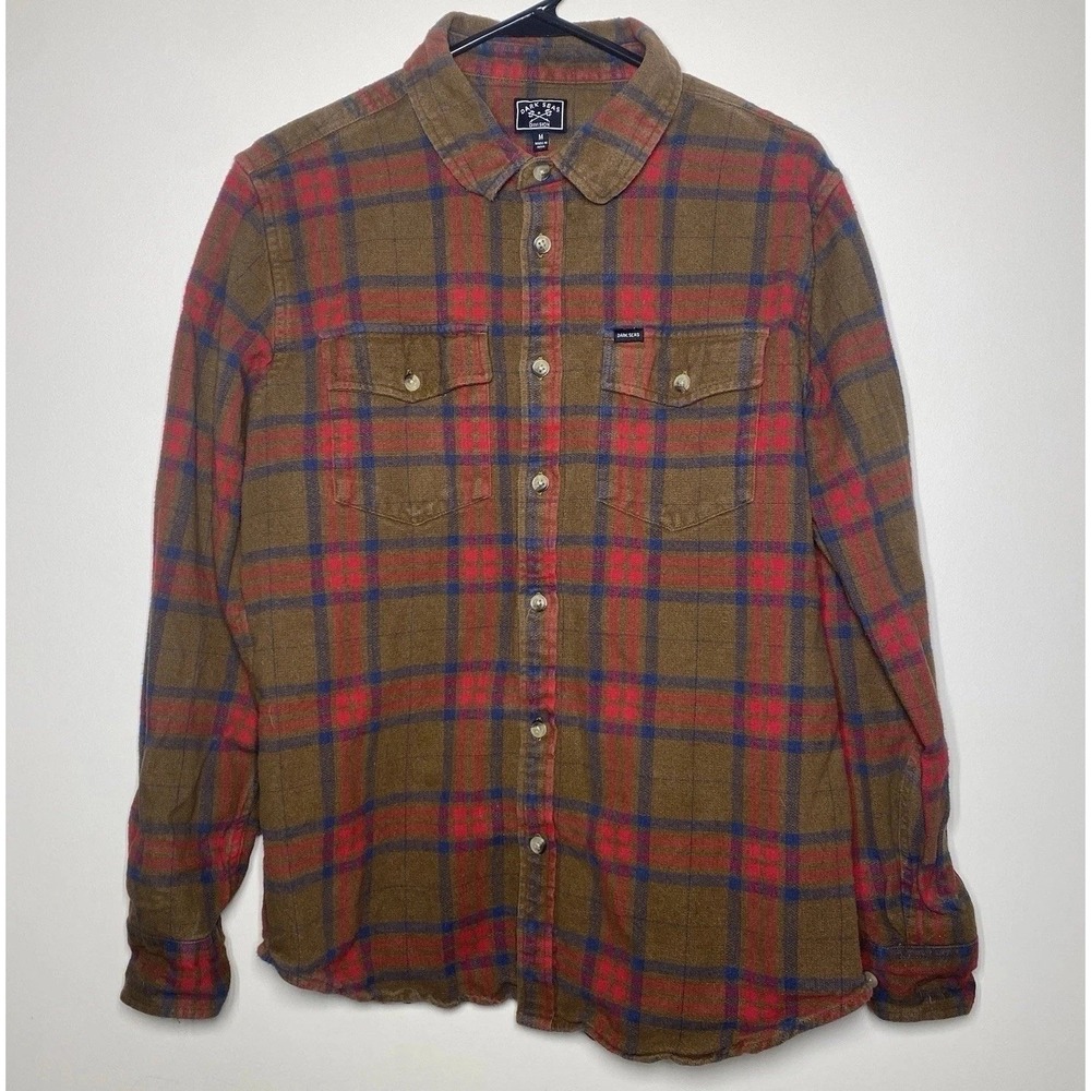 Dark Seas Heavyweight Flannel Plaid Mens Medium Red Brown Woven Heavy Shirt